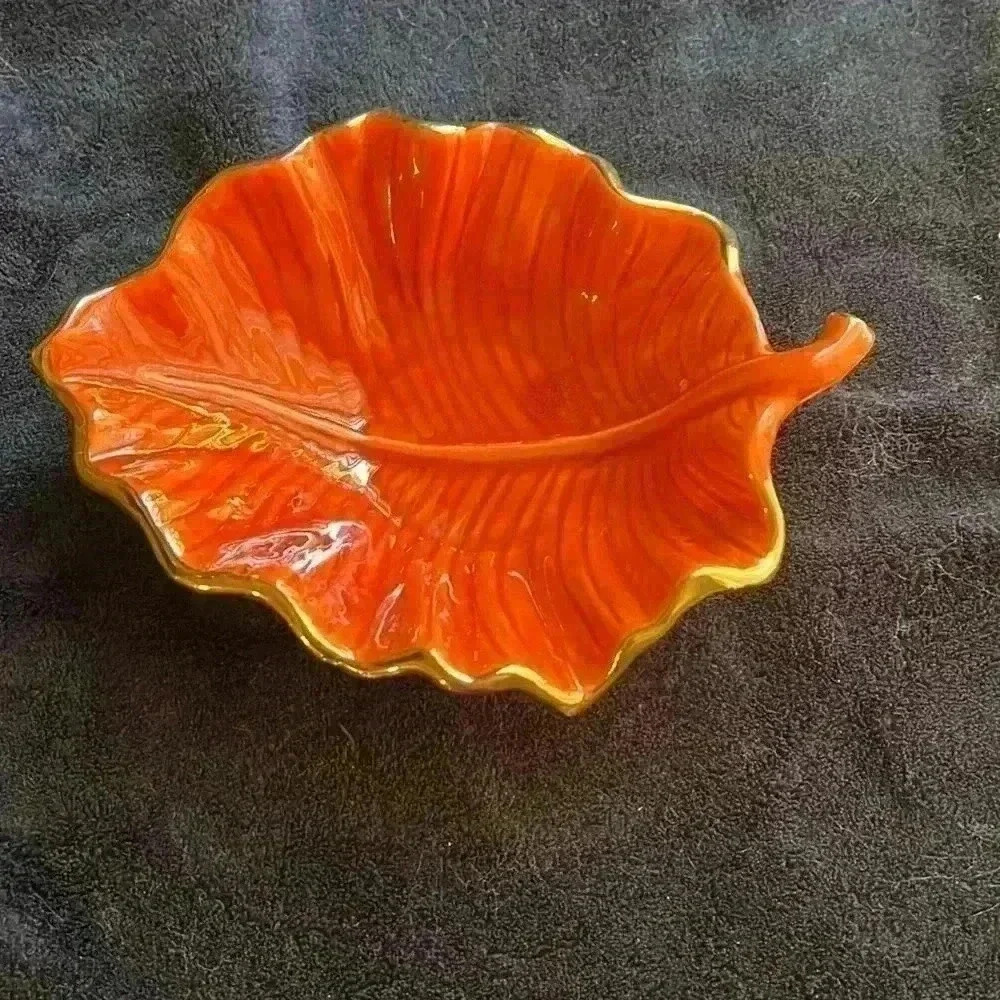 Vintage USA California Orange Leaf Shaped Bowl w/Thick Gold Trim